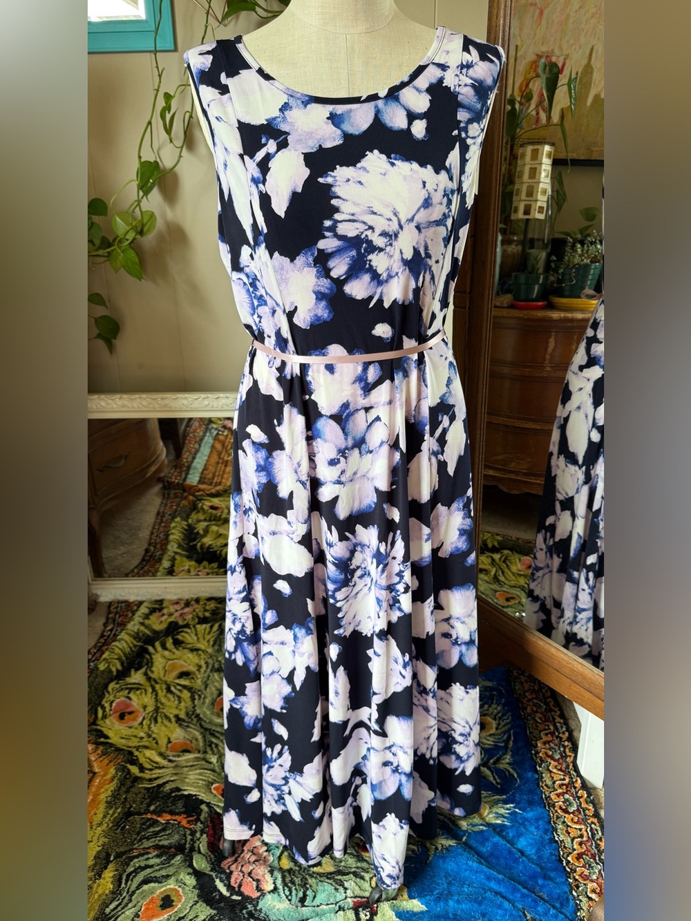 Nina Leonard Navy & Lilac Floral Maxi Dress, size XL